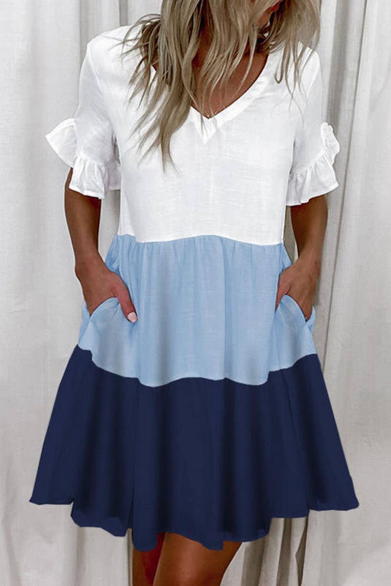 CWDSD8672_FASHION SHORT PRINTED RUFFLE POCKET DRESS