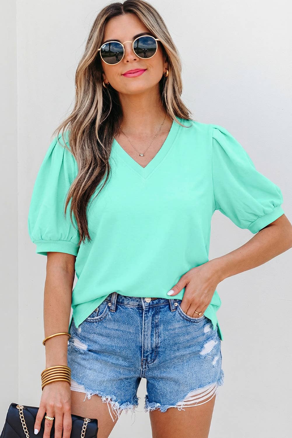Solid V Neck Short Puff Sleeve Blouse | S-XL: Green / XL