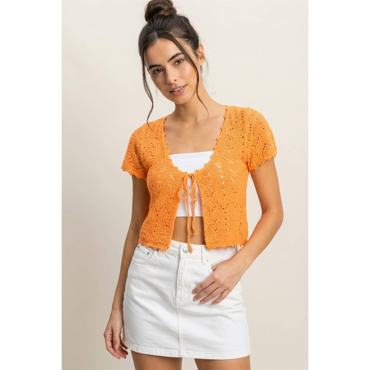 Pointelle Tie Front Knit Cardigan
